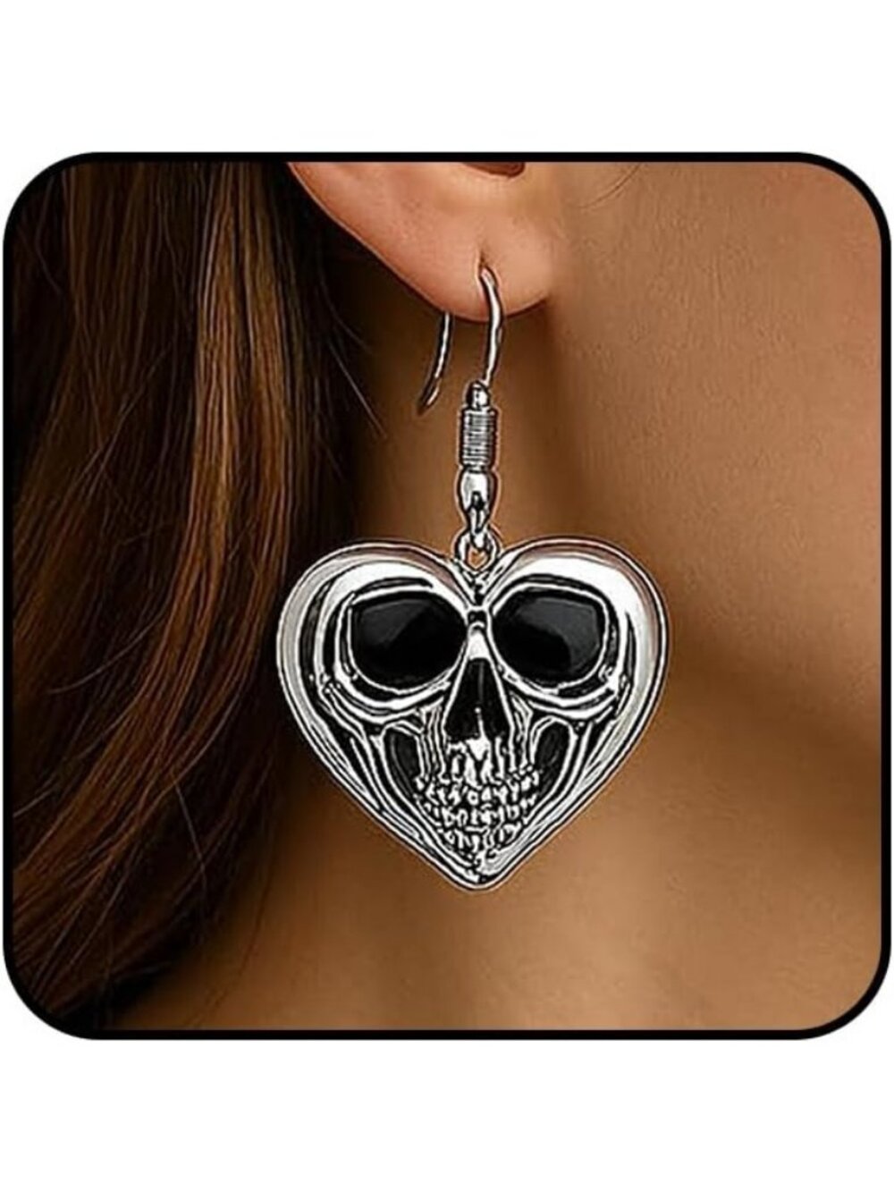 Women's Black Silver Mystery Dark Spike Love Skull Dangle Halloween Earrings